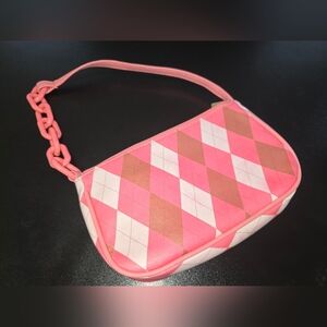 Pink and Brown Argyle Bag. Filled With Jewelry.